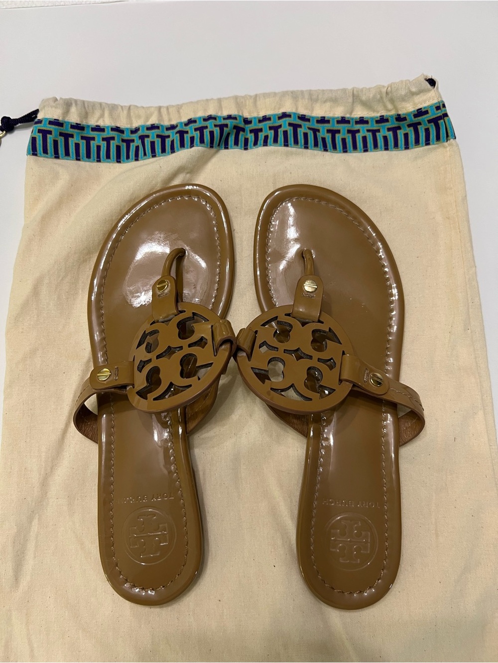 Tory Burch Tan Patent Miller Sandals